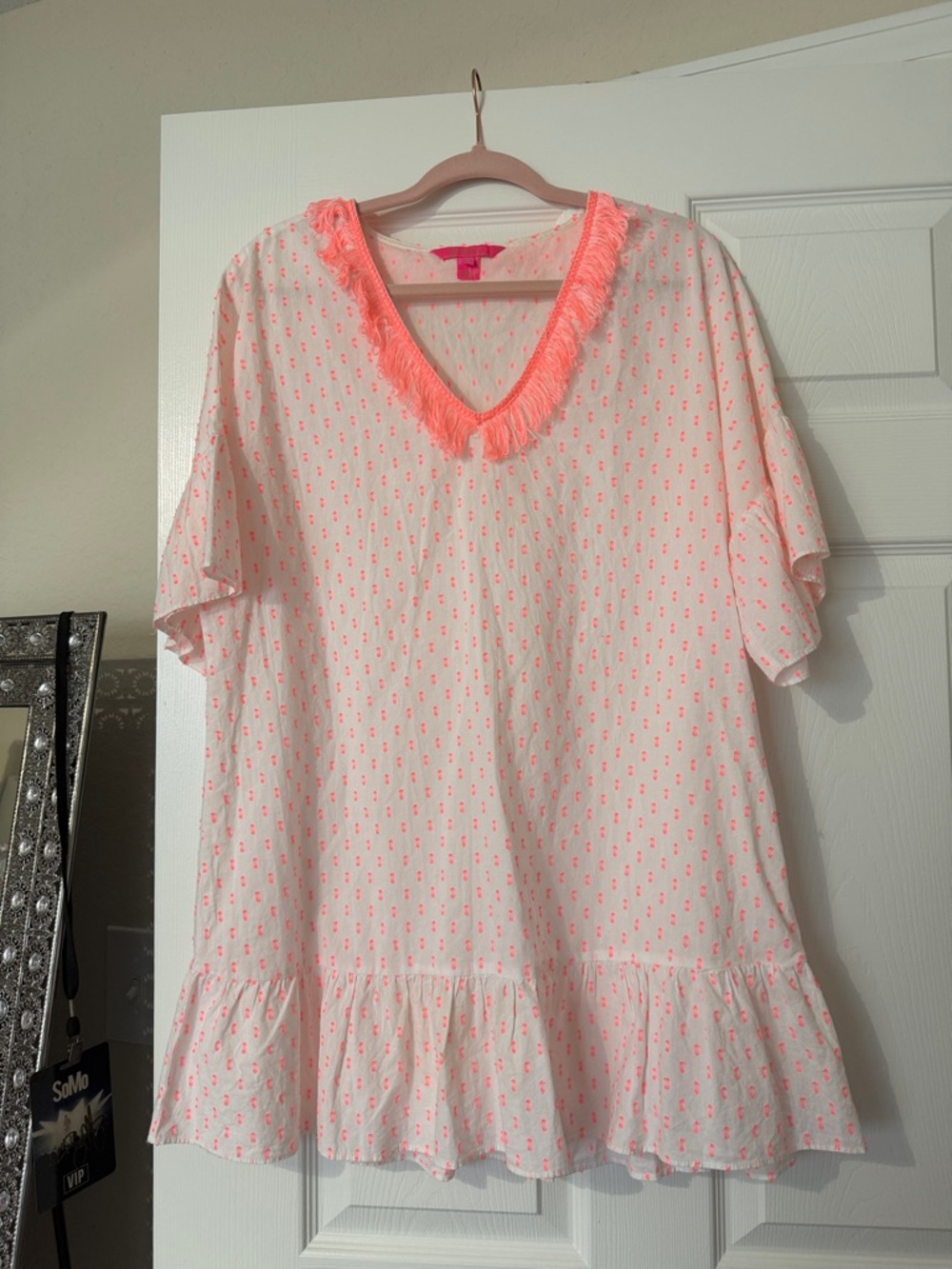 Lilly Pulitzer Pink and Coral Mini Dress with Fringe V-Neck